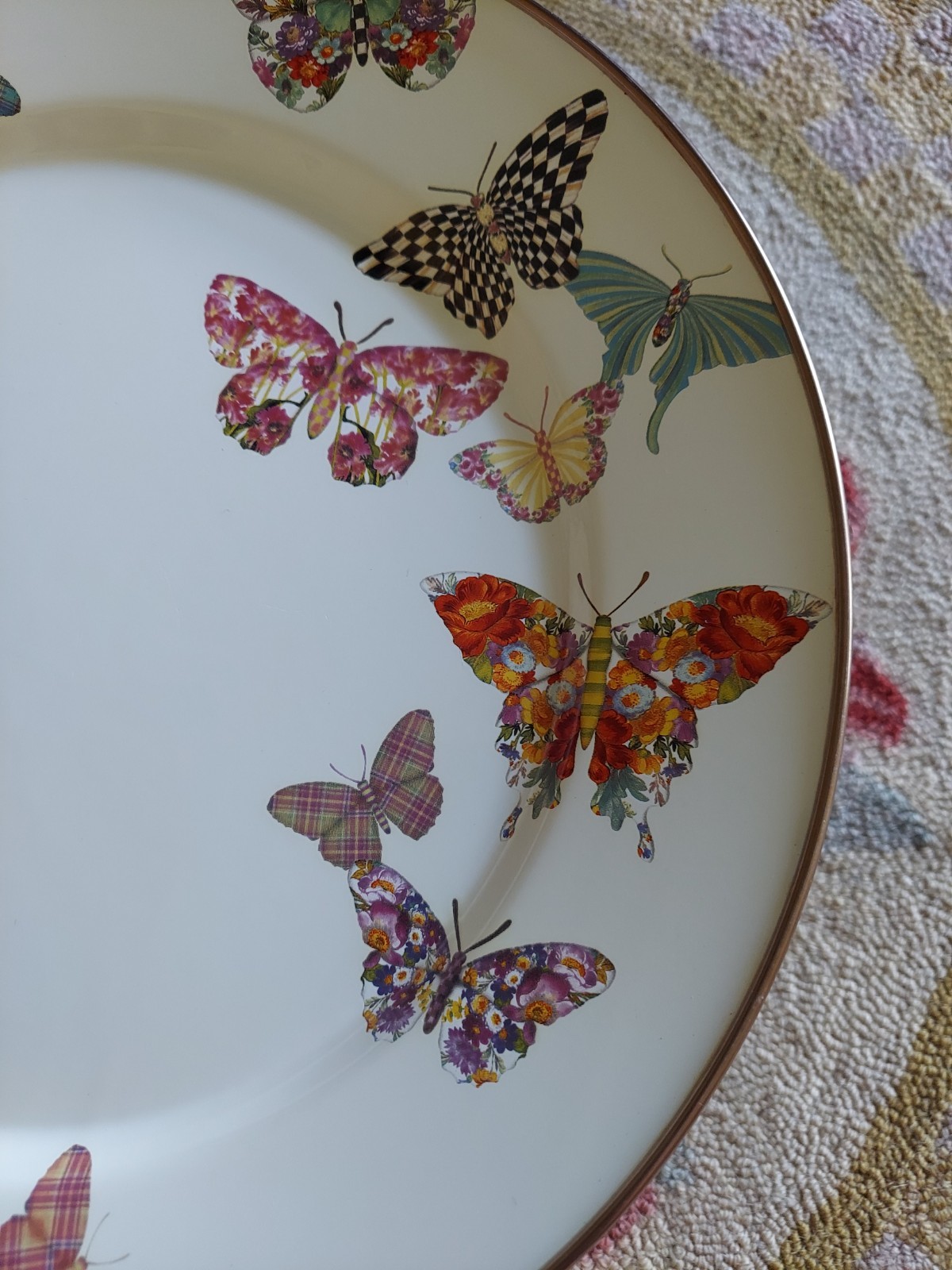 Mackenzie-Childs Butterfly Garden Pedestal Platter With Courtly Check