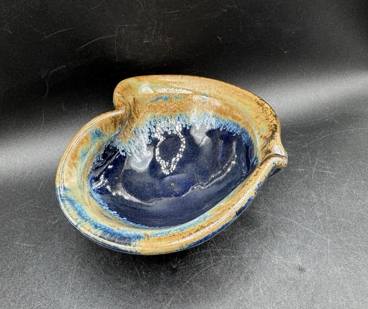 Pigeon River Pottery Heart Shaped Bowl Blue Beige Drip Glaze Signed Ceramic 5.5”