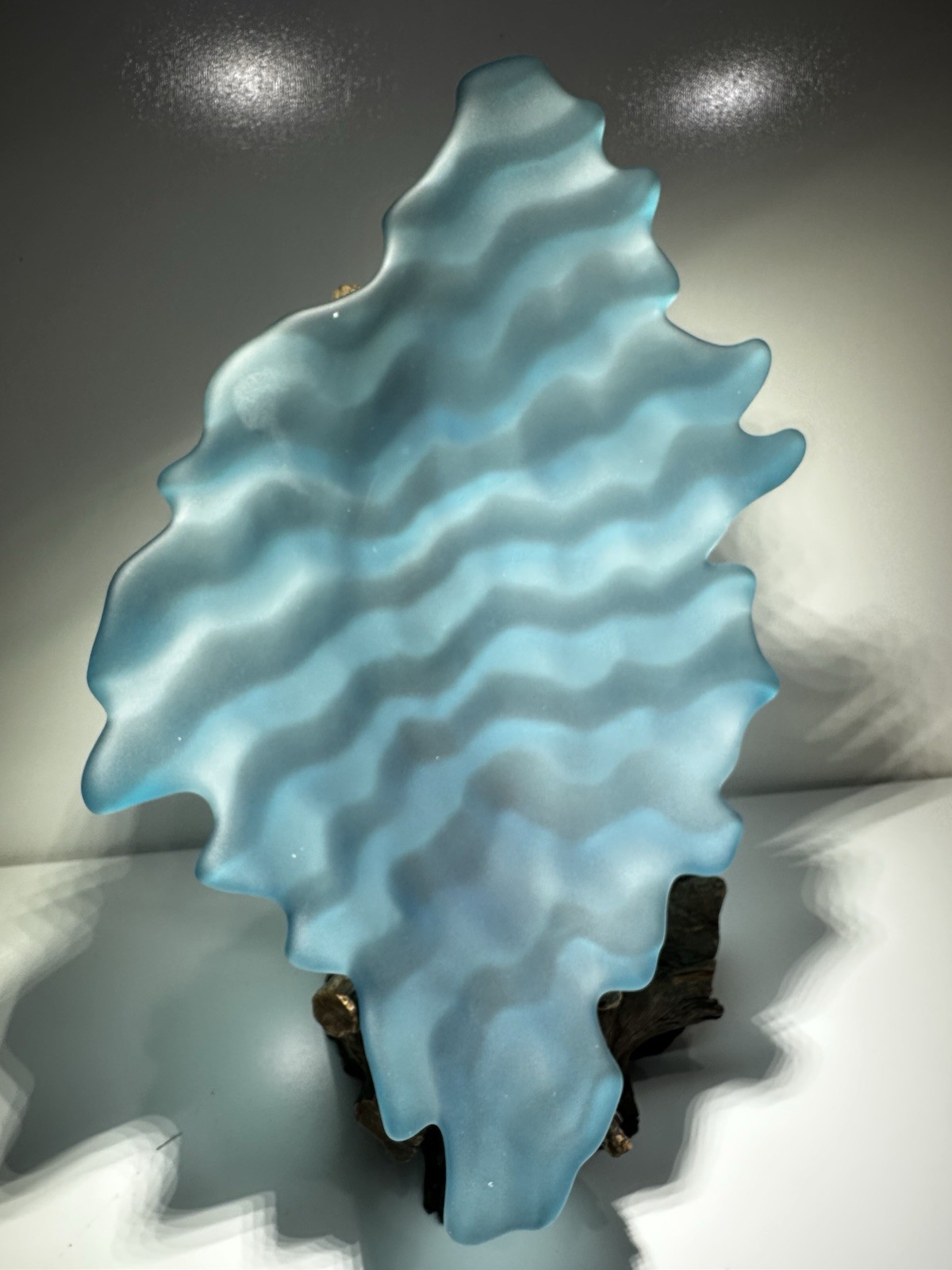 Postmodern Carved + Shaped Aqua Art Glass Asymmetrical Shallow Bowl