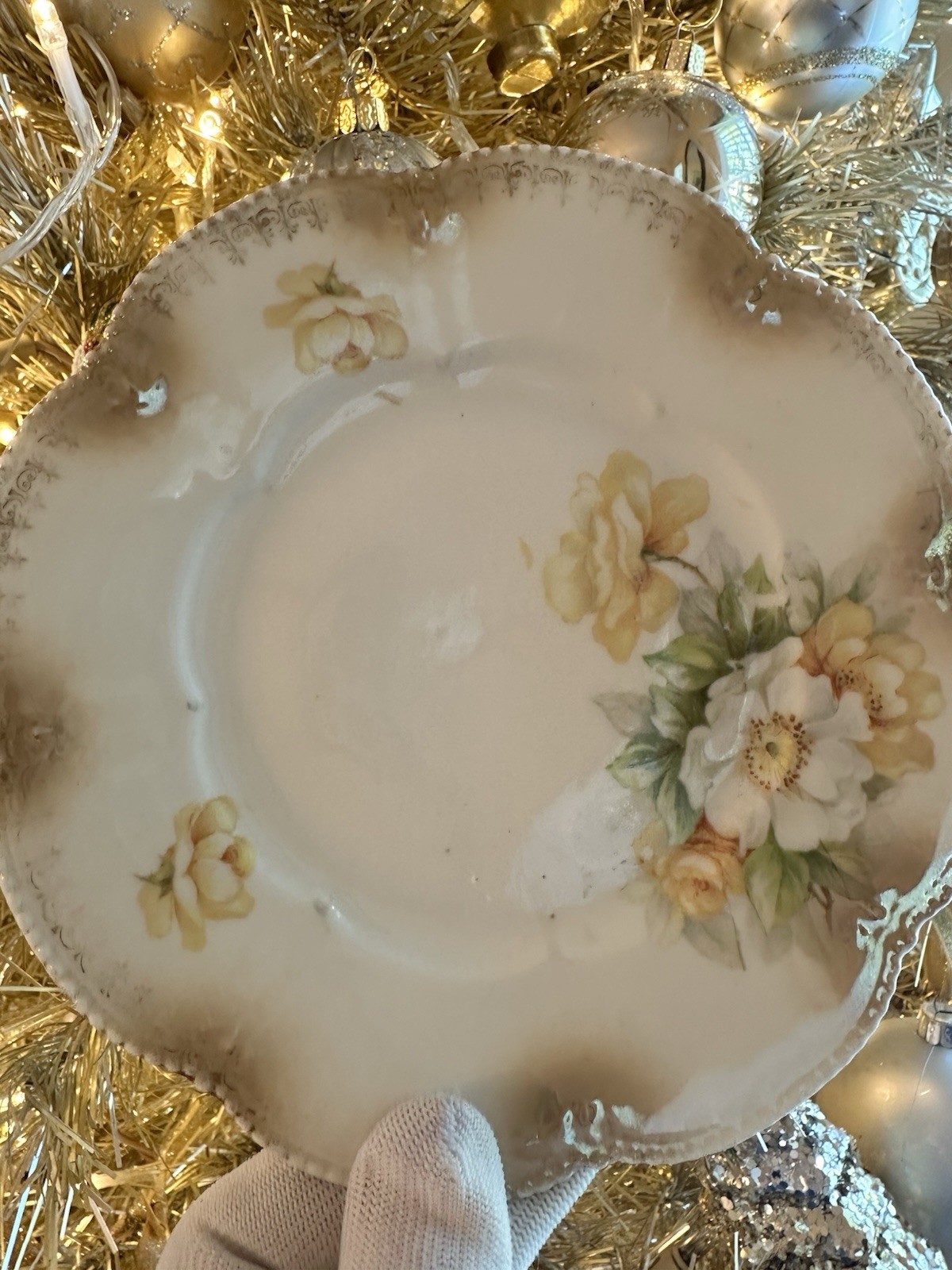 Antique R.S. Prussia Red Mark 6″ Plate Yellow Roses Gold Gilt Scalloped Edge