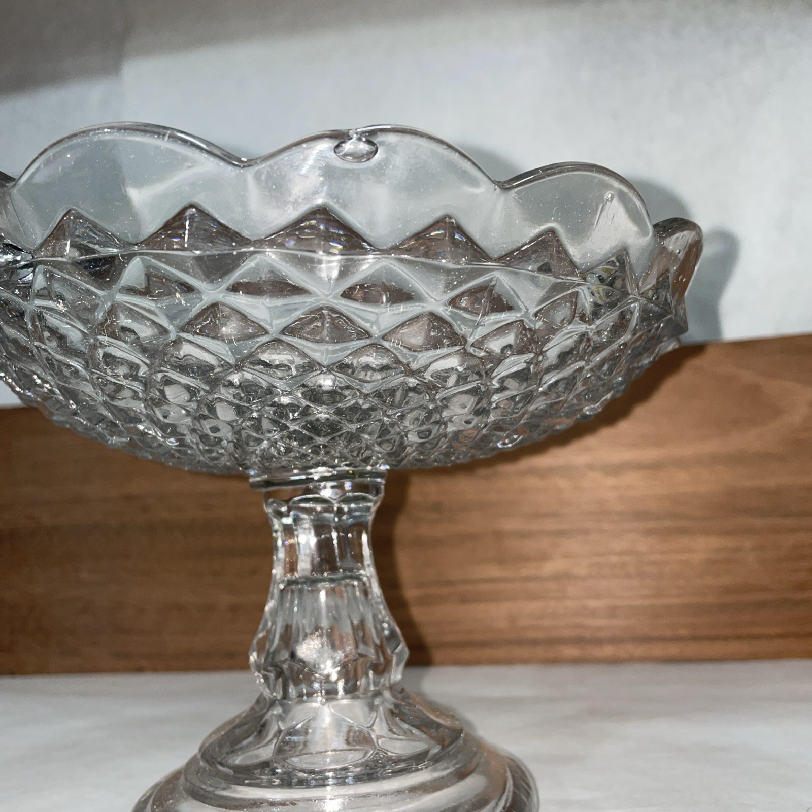 Pressed Glass Pedestal Candy Dish or Compote Scalloped Edge Bowl 6.5”H X 9”W