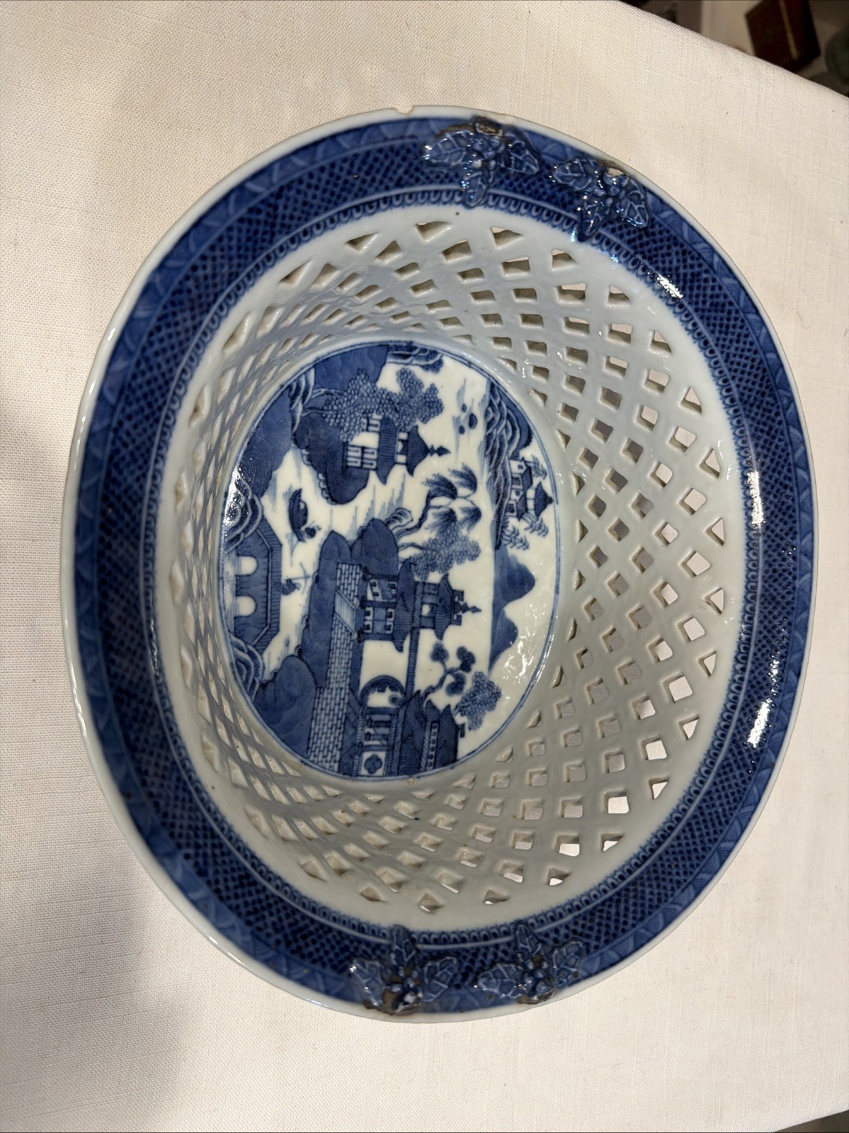 Rare Reticulated Canton Blue and White Chestnut Bowl Antique Transferware