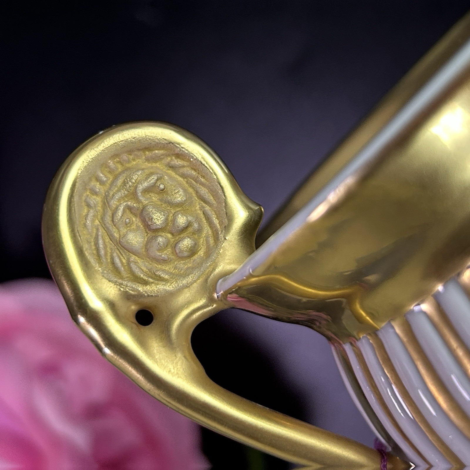 Antique Royal Porzellan Manufaktur RPM Lion Handle Cup Gold Stripes 4 3/8”