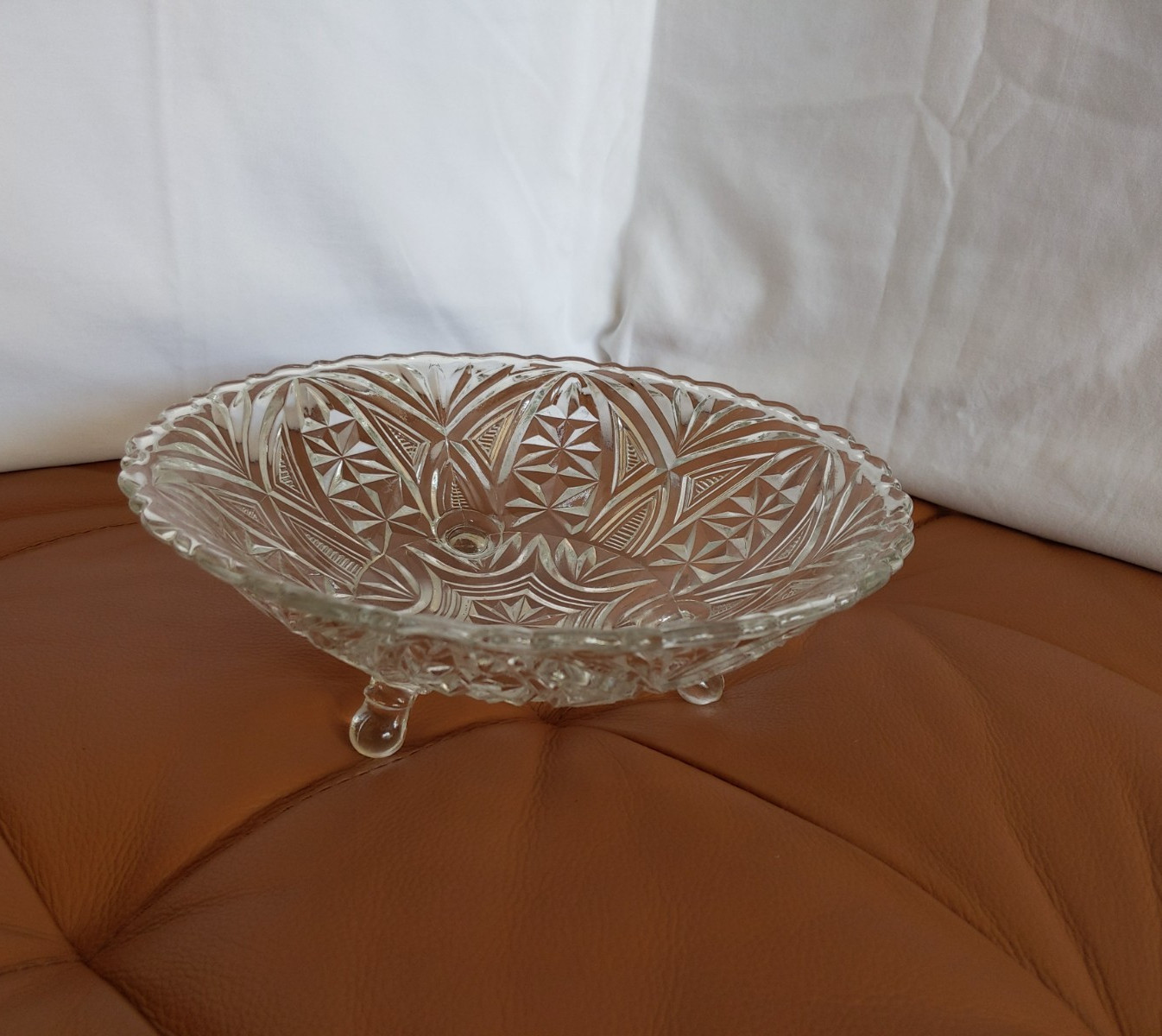 Vintage Anchor Hocking Serving Bowl Clear Pressed Glass 3 Footed 9in Dish 1960