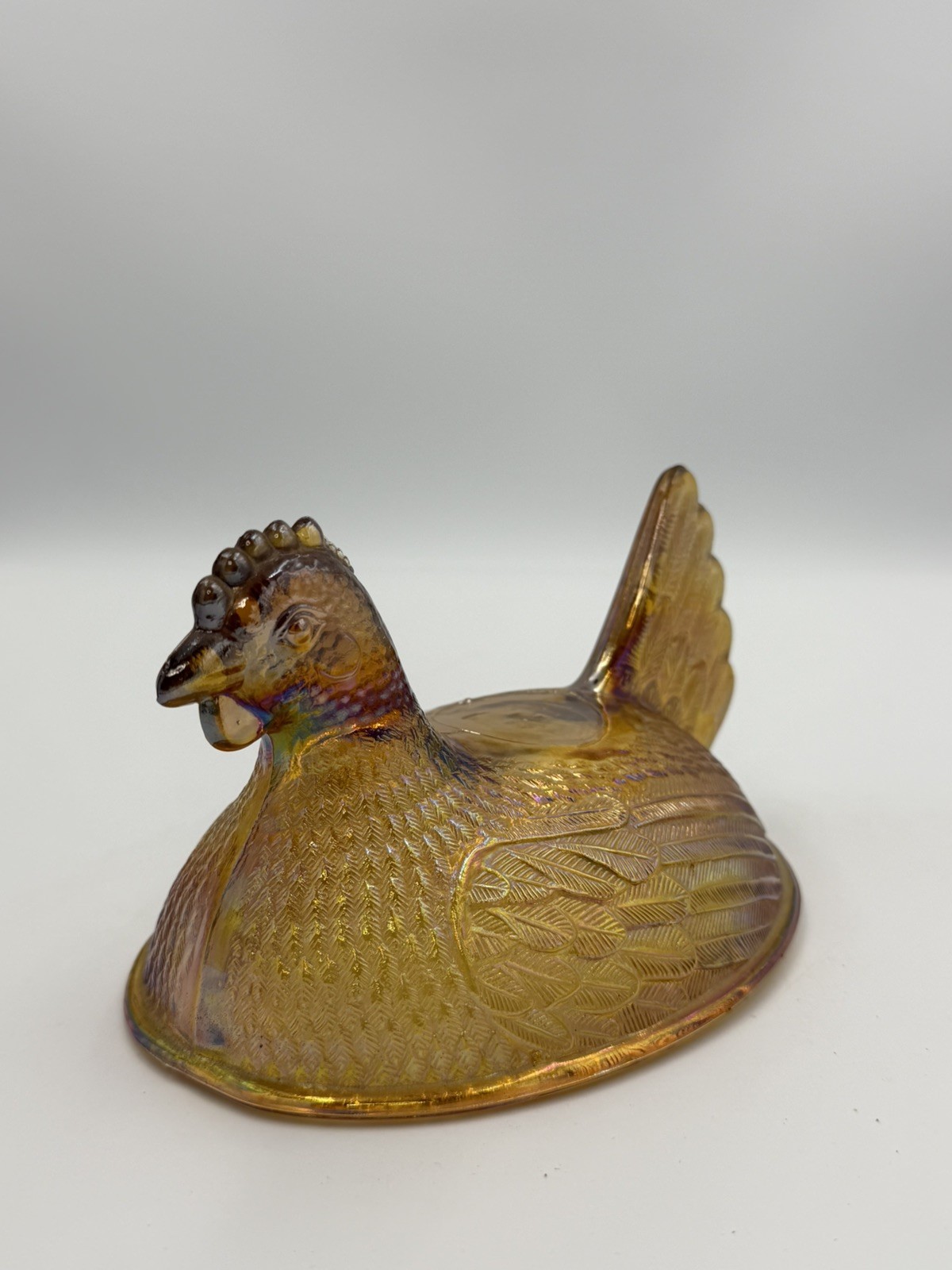 Vintage Indiana Hen On Nest Golden Amber Iridescent Carnival Glass *TOP ONLY*