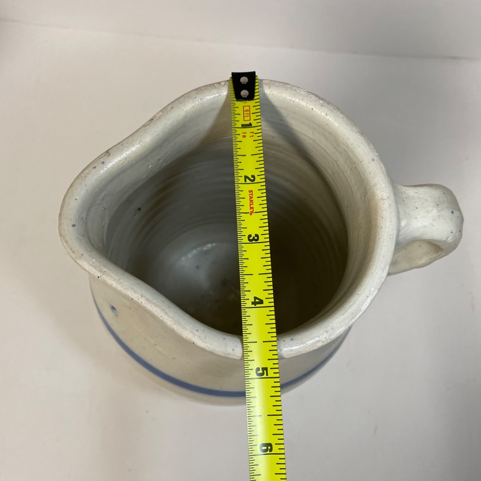 Vintage Primitive Salt Glazed Stoneware Pitcher 10″ Crock Blue Stripe