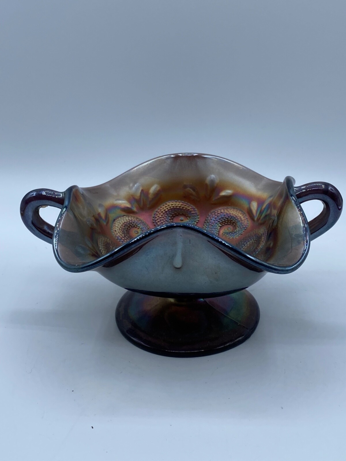Vintage Amethyst Carnival Glass Two Handled Footed Bonbon Dish 4.5″