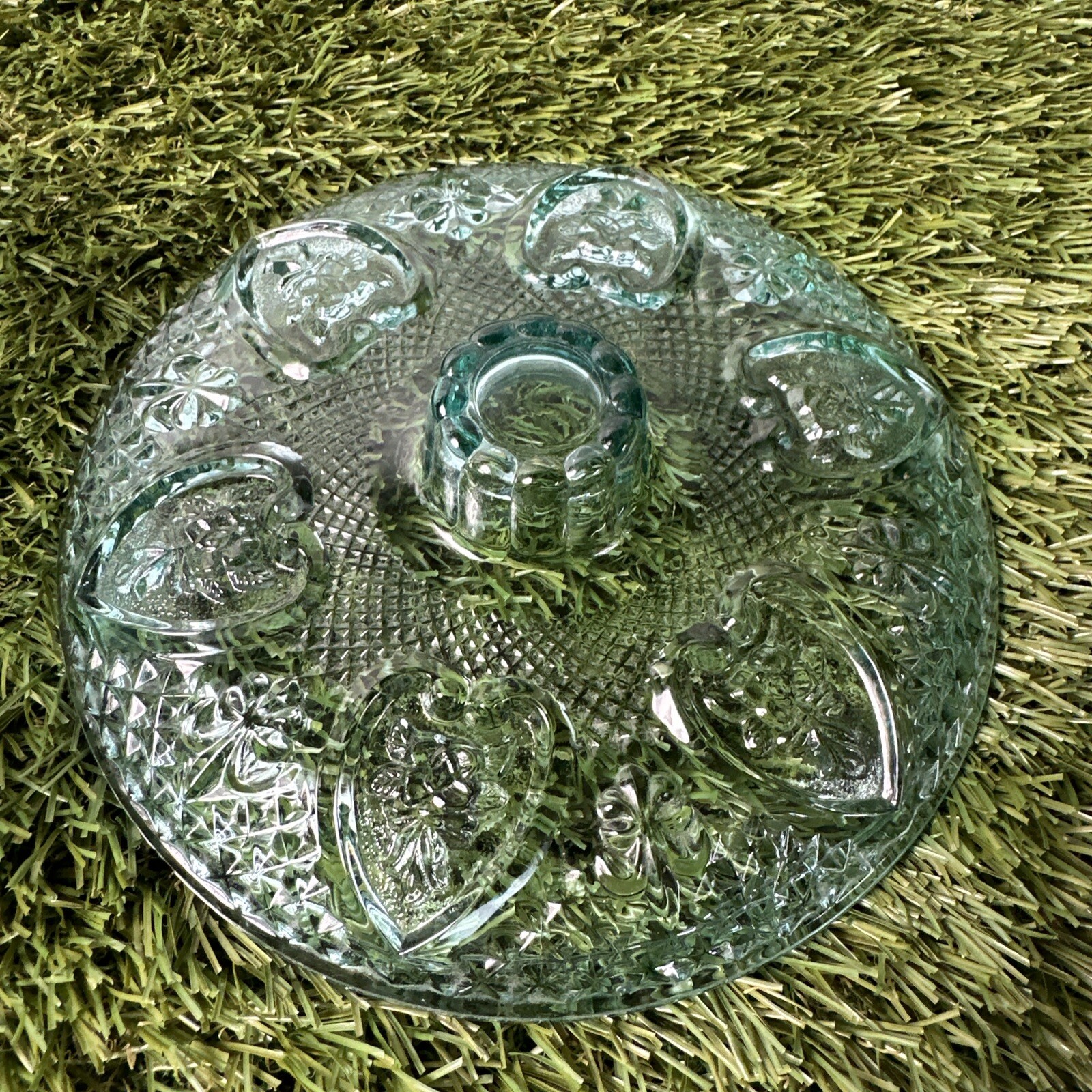 KIG Indonesia Turquoise Blue Candy Dish Pressed Beaded Glass Vintage MCM Roses