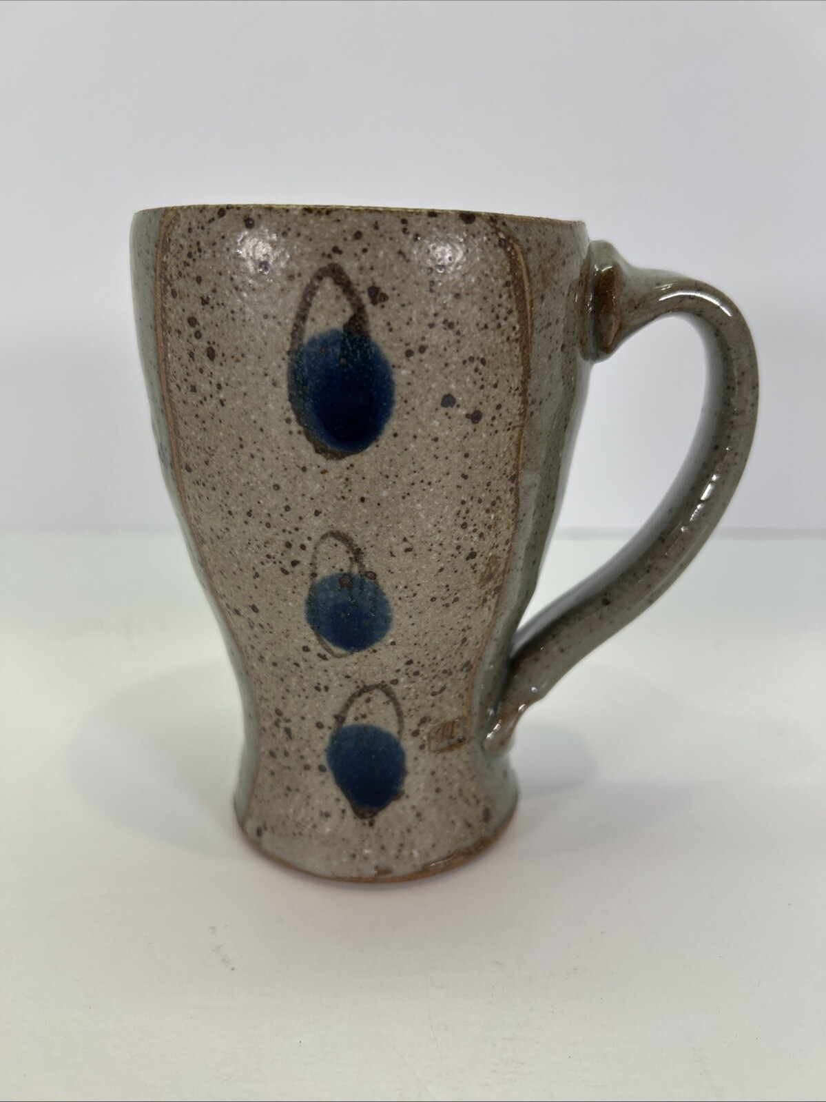 Studio Art Pottery Mug Gray Beige Blue Spotted Signed SRF 5”