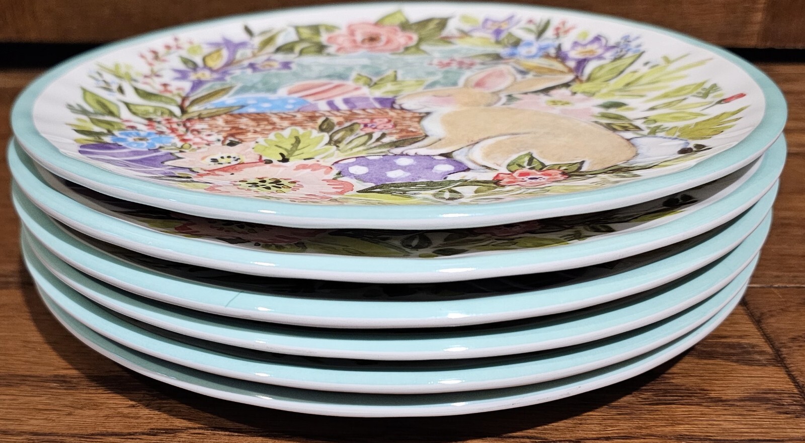 Set/6 Certified International Joy of Easter Melamine Salad Plates Bunny Rabbit