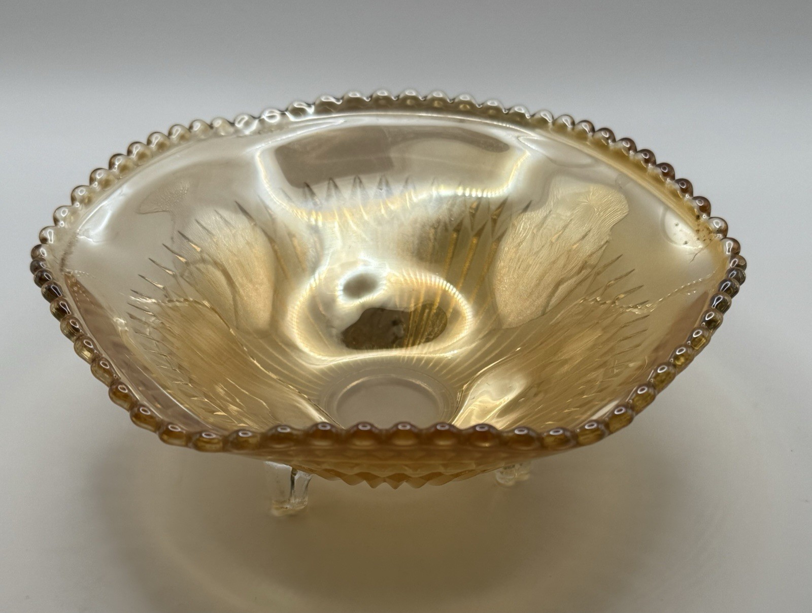 Vintage Carnival Glass Jeanette Glass 3 Footed Marigold ‘Anniversary’ Bowl 6.5”