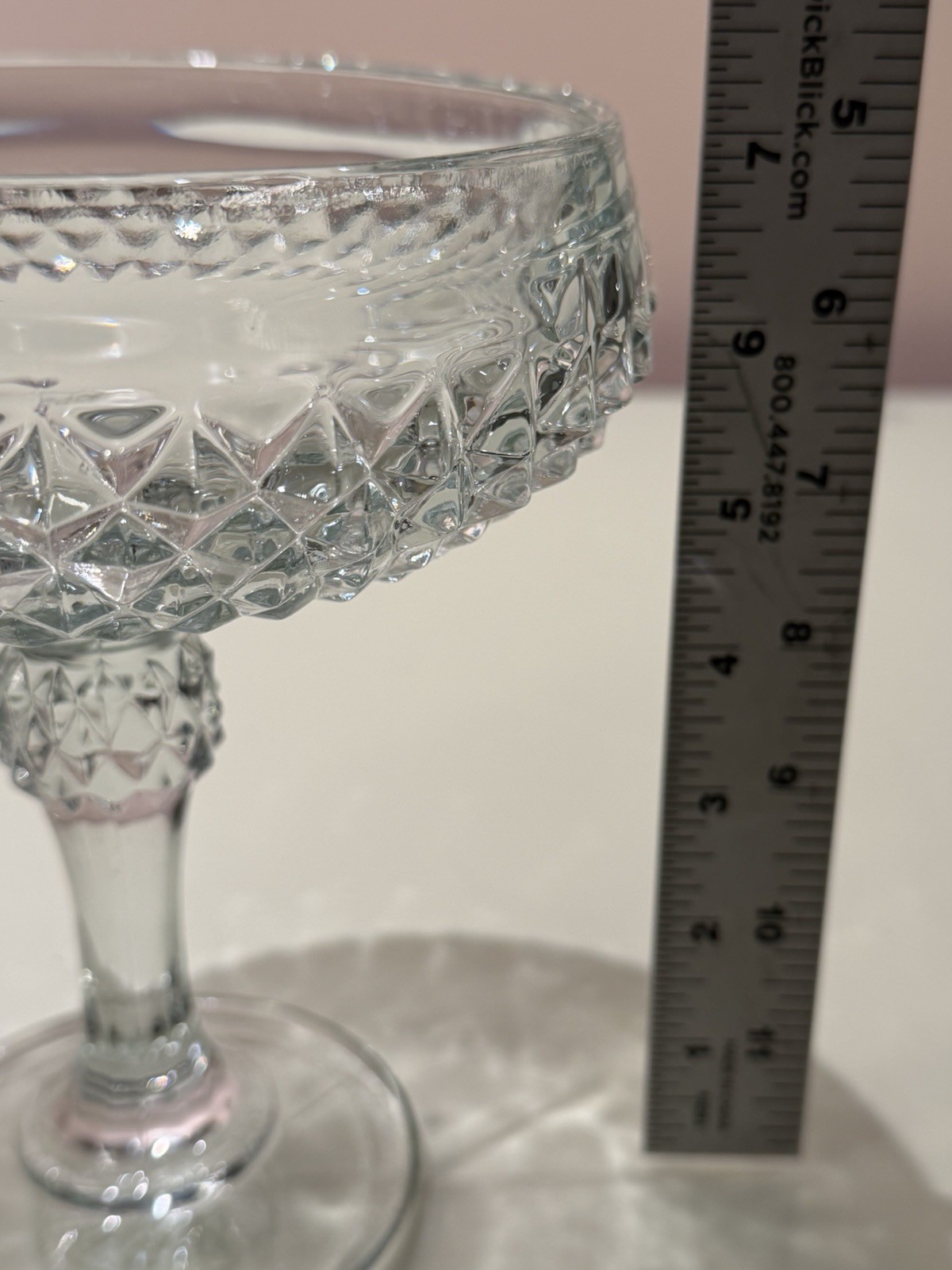 INDIANA GLASS Co. Pedestal Diamond Point Compote Candy Dish Bowl Barely Blue USA