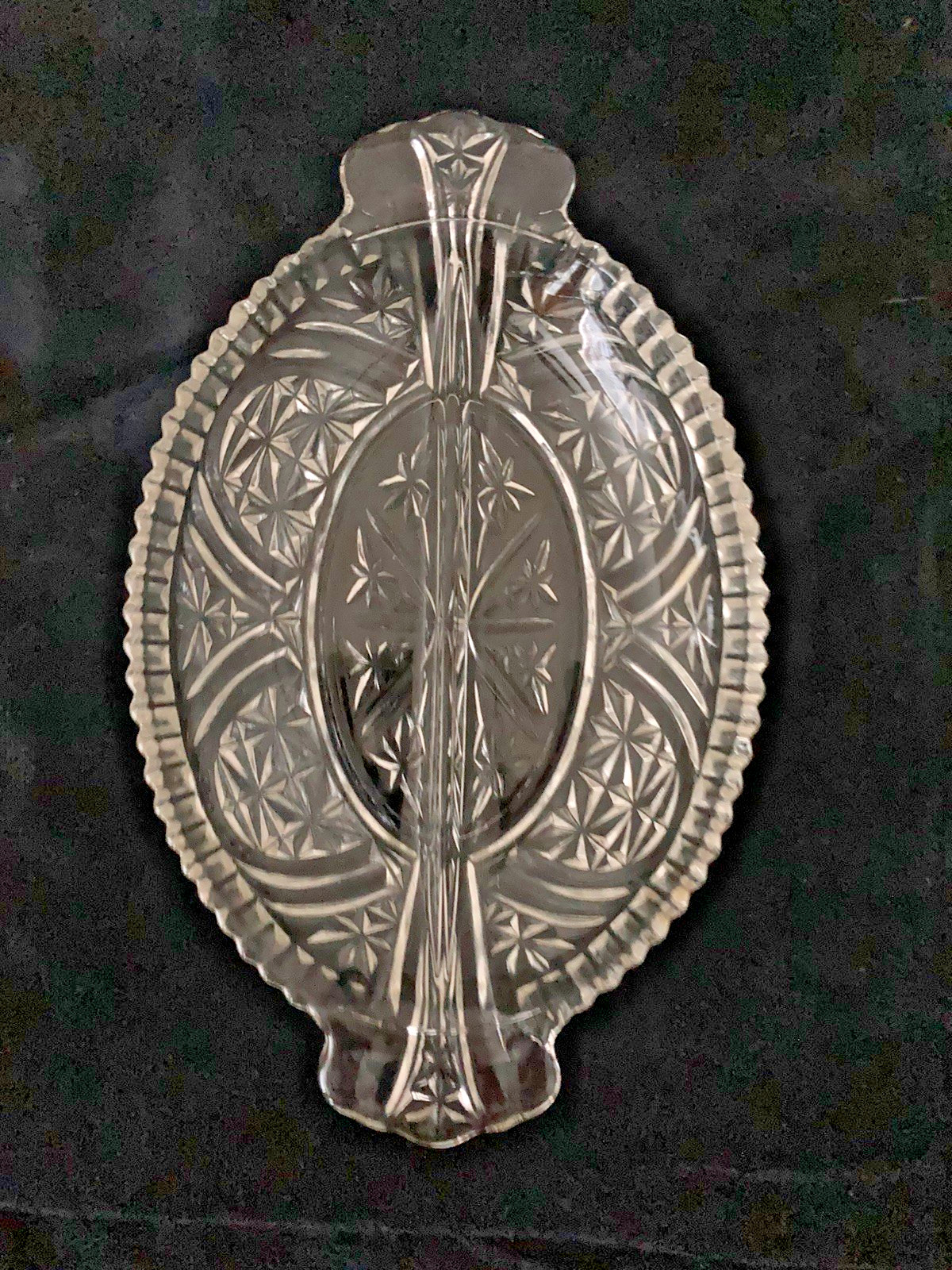 Vintage Clear Pressed Glass Oval Relish Tray Two Sections Handles Scalloped Edge