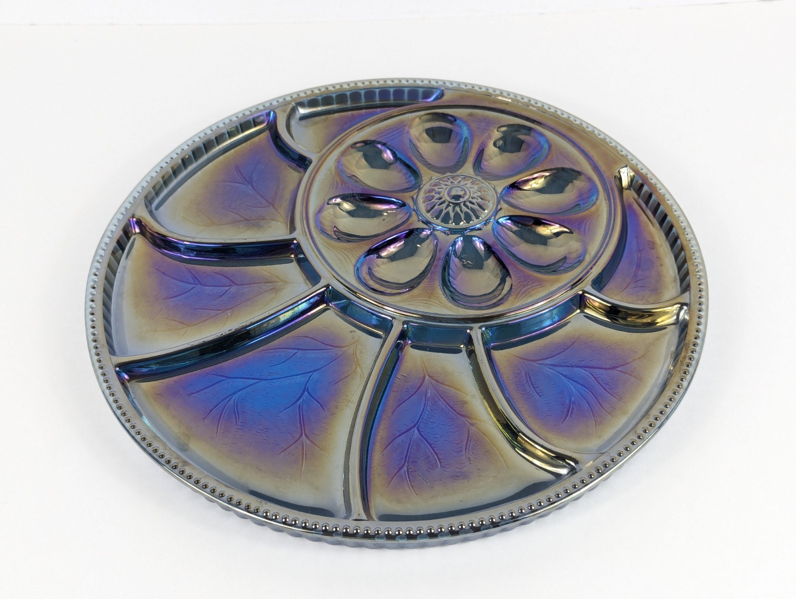 Vintage Indiana Glass Blue Carnival Deviled Egg Relish Tray Platter Iridescent