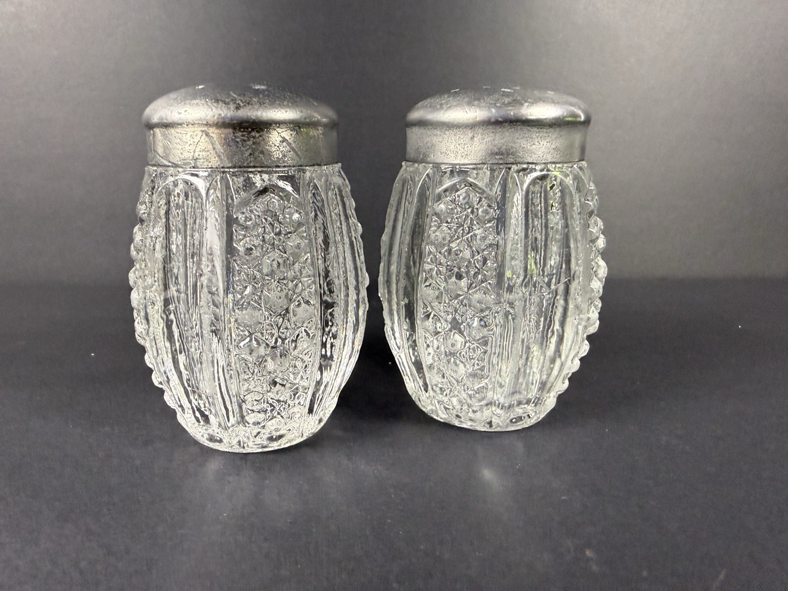 Vintage Pressed Glass Cruet, Decanter, Salt & Pepper & Relish Tray Lot of 5