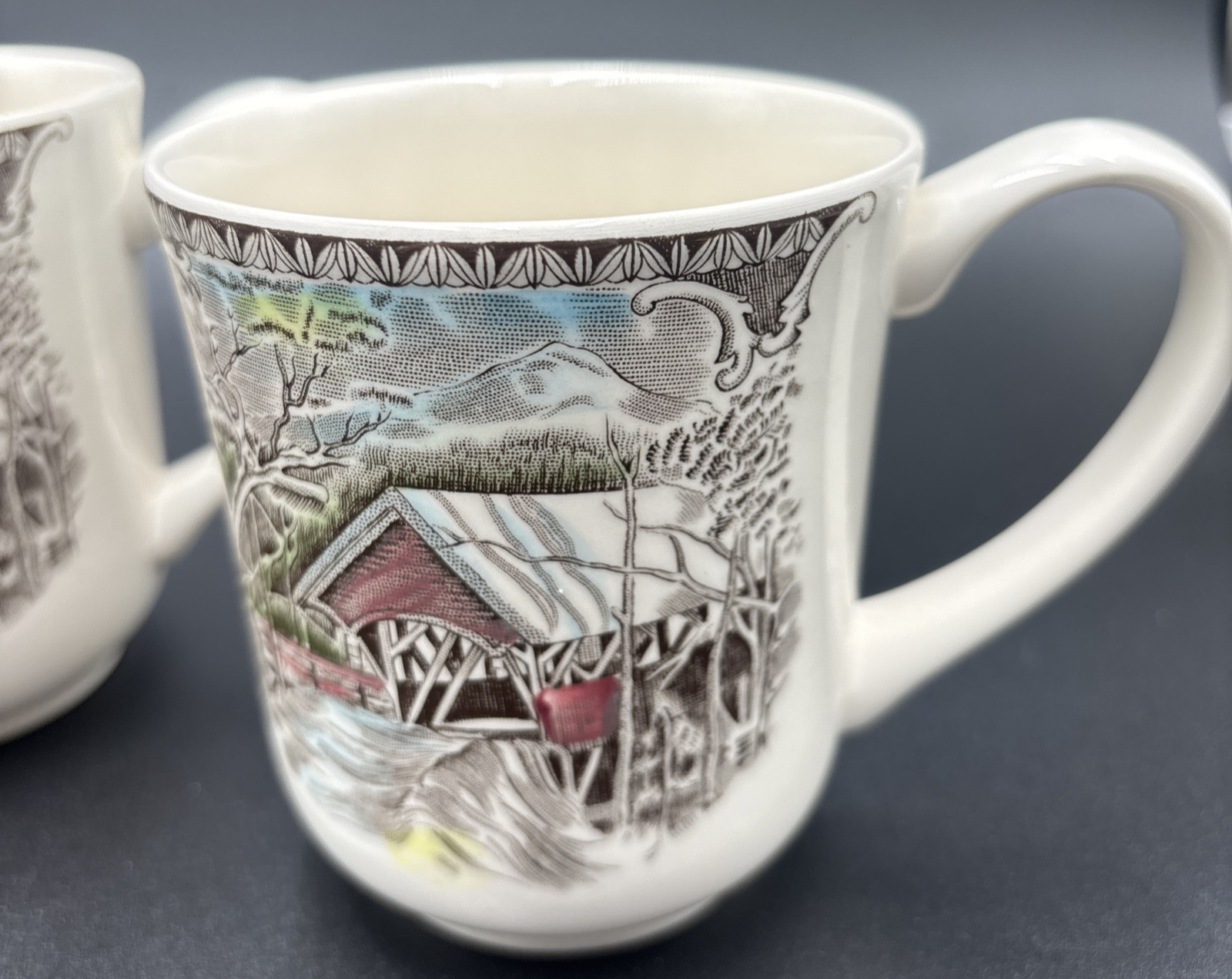 Johnson Bros China The Friendly Village Covered Bridge 4 Lot Coffee Mugs England