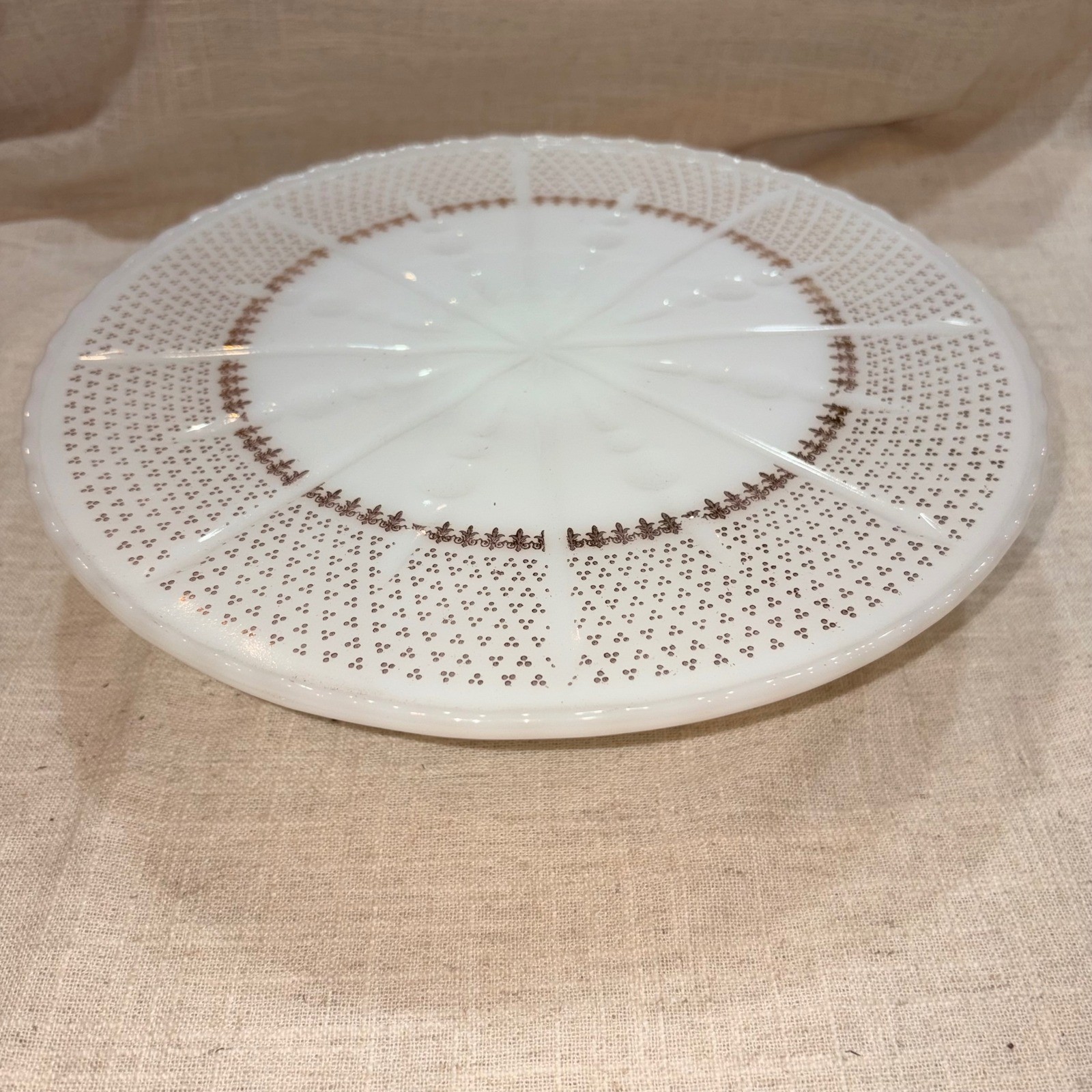 Anchor Hocking Ivory White Cake Plate 22K Gold Decorated Pedestal Stand