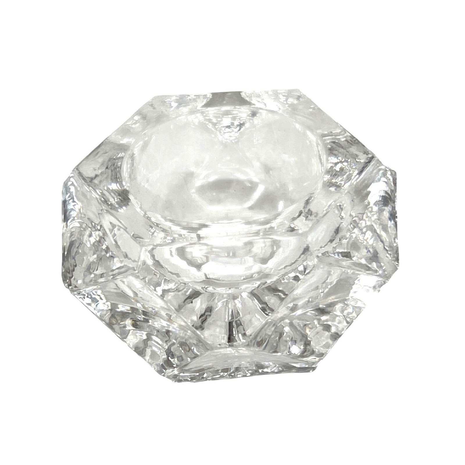 Vintage Clear Pressed Glass Hexagon Salt Cellar Starburst Base Faceted Dish