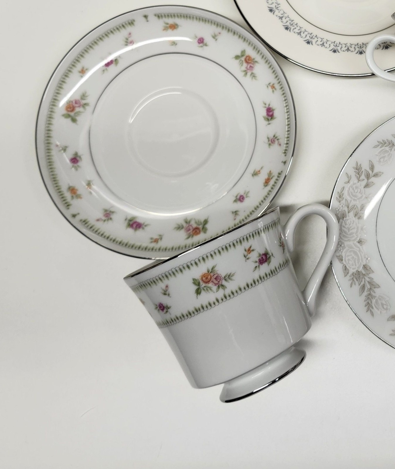 Mismatched China Tea Cups & Saucers Soft Floral Designs 4 Sets