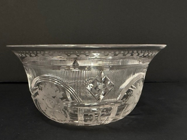 Sinclaire Silver Threads pattern finger bowl & underplate. signed. Am. Cut glass