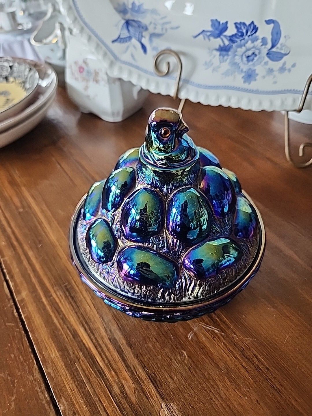 Westmoreland Cobalt Blue Carnival Chick & Eggs Easter Covered Lidded Candy Dish