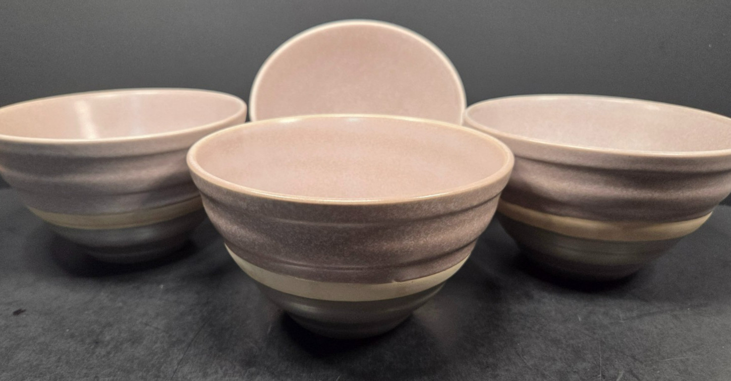 Baum Brothers HARPER Cereal Soup Bowls Mist Tan Blue Speckled Grey Band Set 4