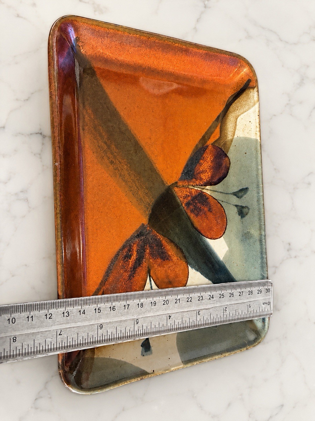 Signed Studio Pottery Ceramic Tray Abstract Floral Orange Green Trinket Dish