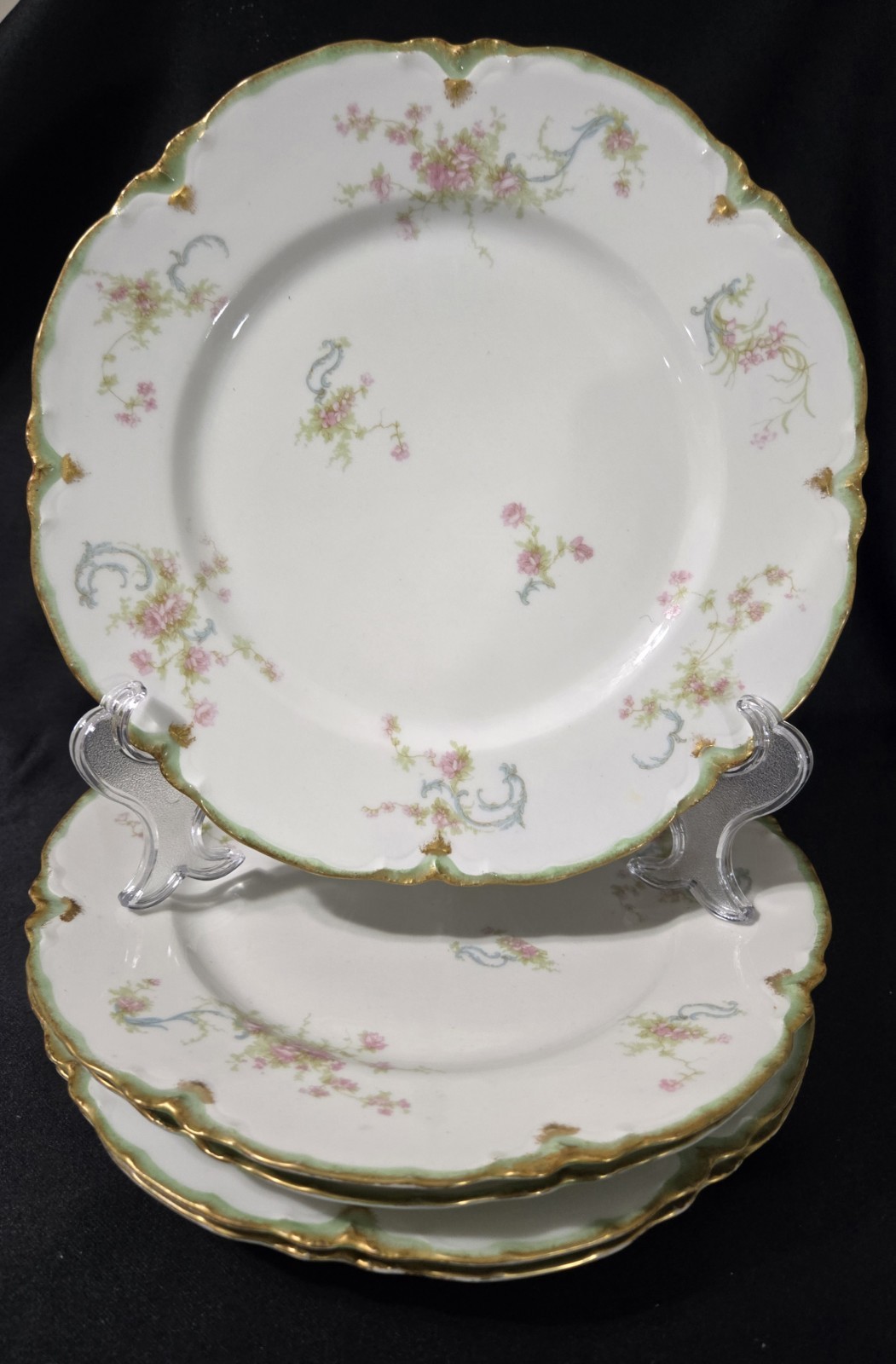 MINTANTIQUE Haviland Schleiger 57H Limoges Roses Blue Ribbons 5 Luncheon Plates