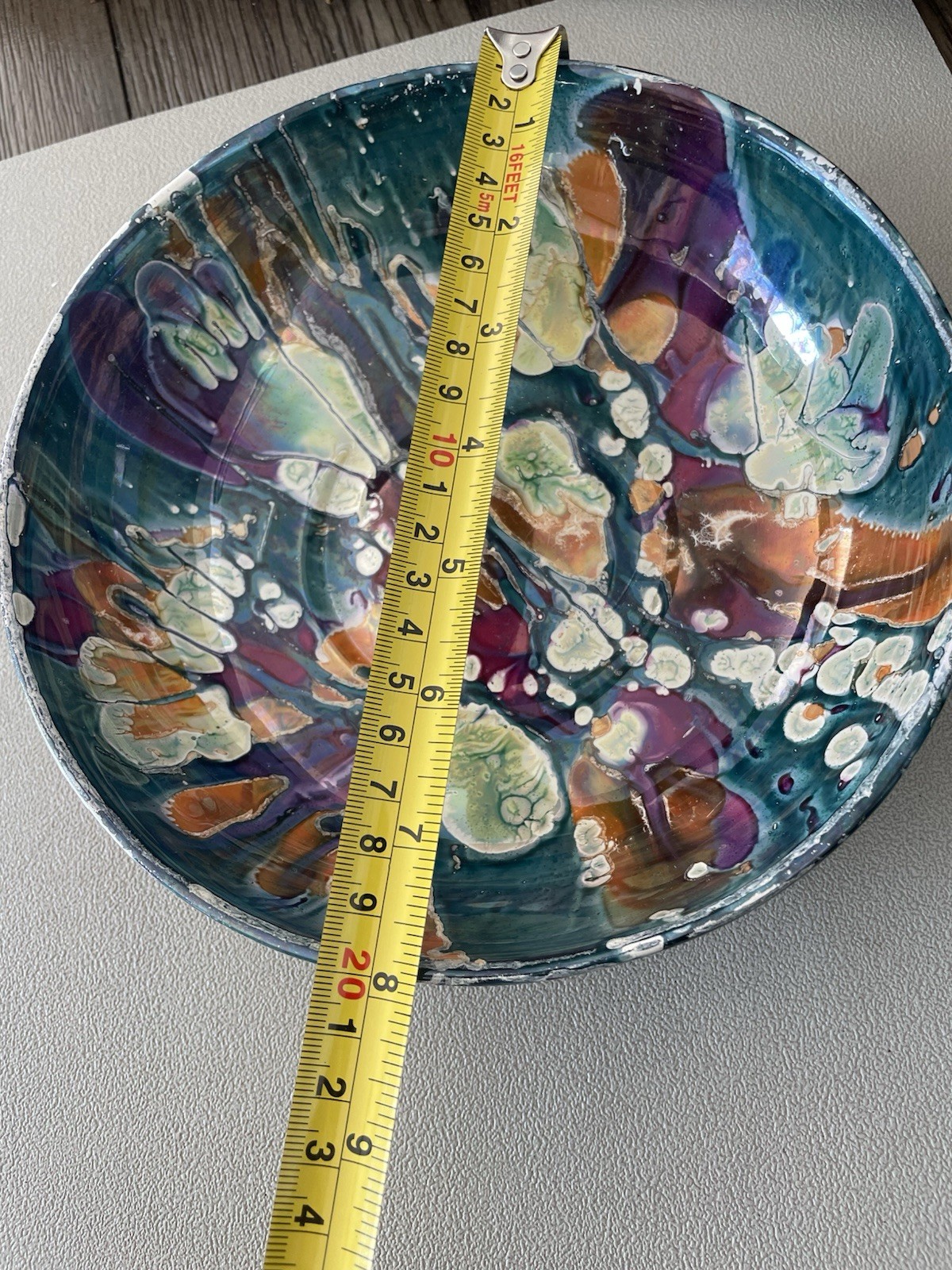 8” Vintage Abstract Swirl Orange Yellow Green Grey Blue Enamel Bowl