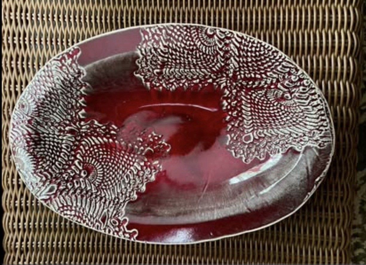 Handmade Original Bantam Tileworks Studio Art Pottery 12″ Lace Red Bowl