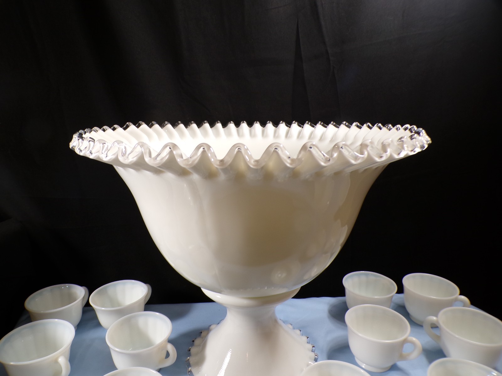 Very Large Fenton Milk Glass Silver Crest Punch Bowl Set w/ Stand & 12 Cups
