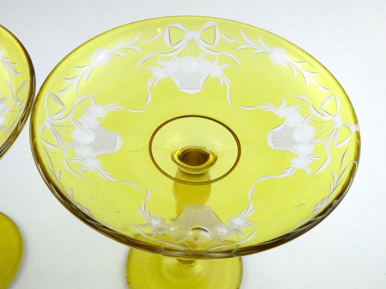 Antique 1900s Era Pair of Yellow and Clear Glass Compotes Swags Baskets VGOOD