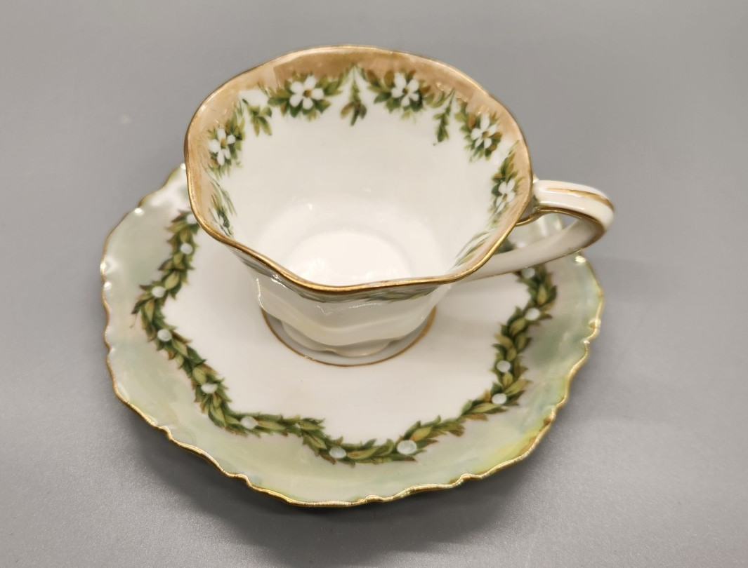 Antique R.S. Prussia (Red Mark) Small Teacup & Saucer Green Floral Garland C1900