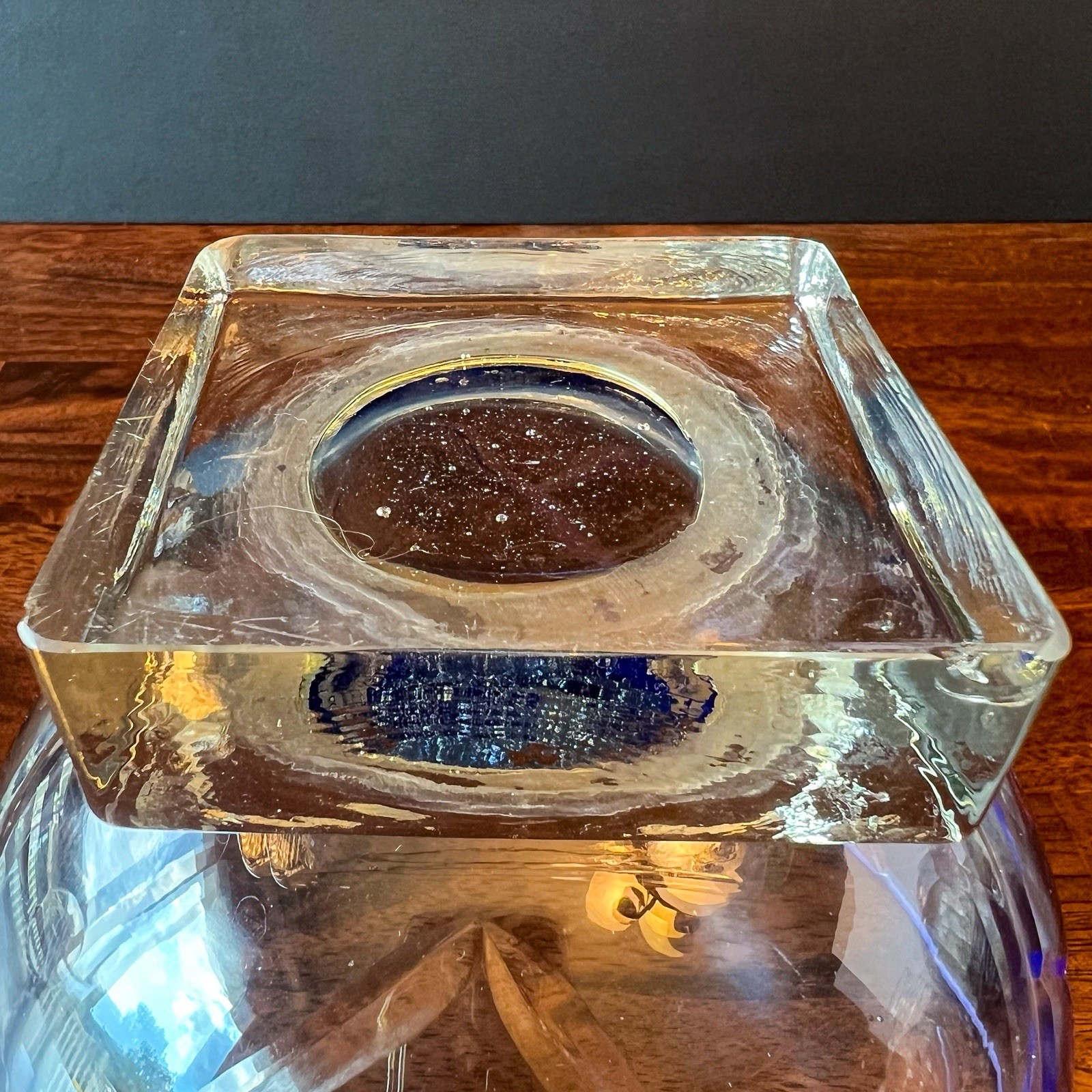 Vintage FTD Cobalt Blue Cut to Clear Art Glass Pedestal Bowl Square Base 6”