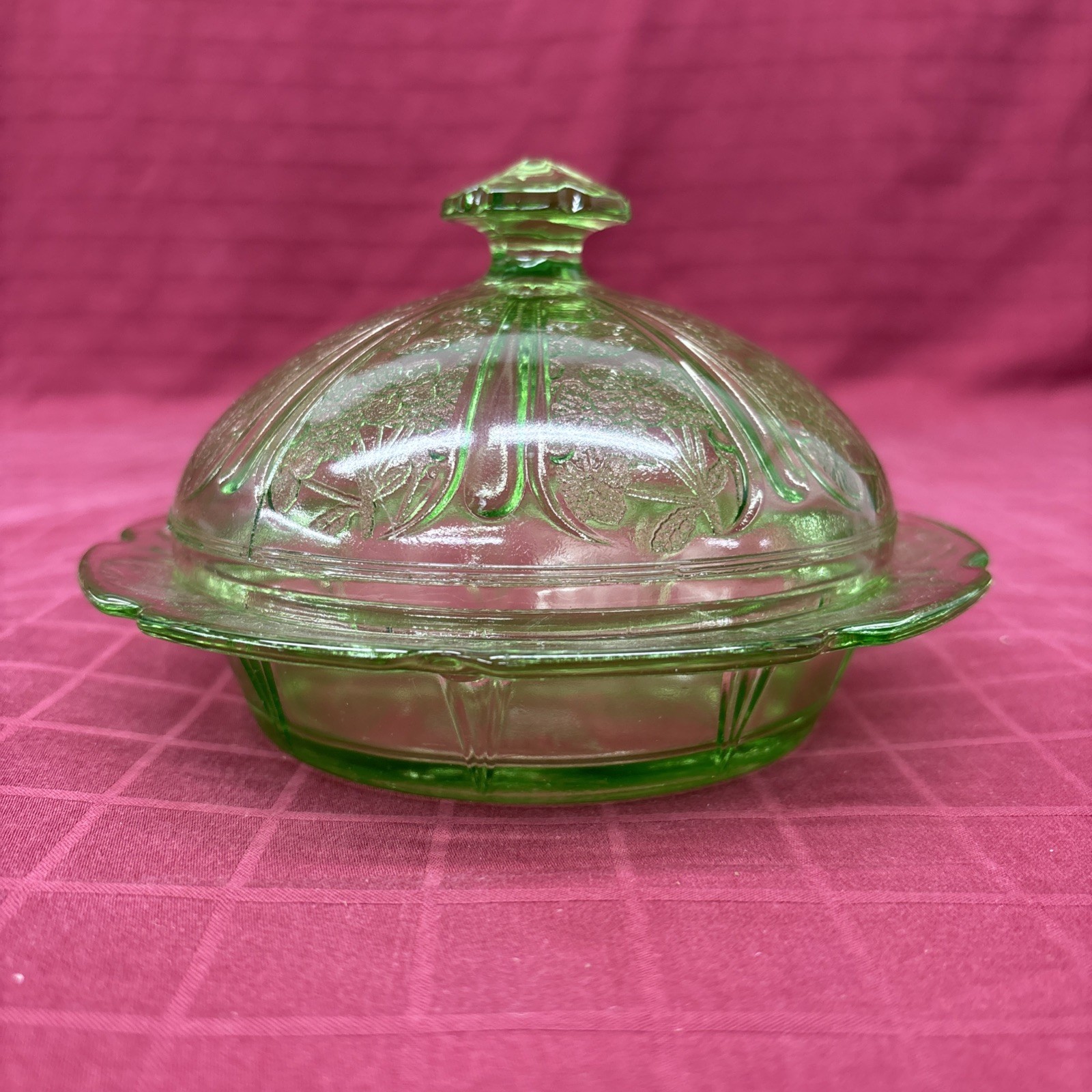 Jeannette Uranium Green Cherry Blossom Butter Dish Depression Glass Vintage