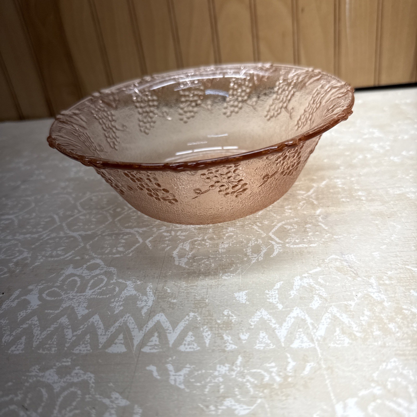 Vintage KIG Indonesia Pink Glass Grape & Leaf Embossed Dessert Bowl