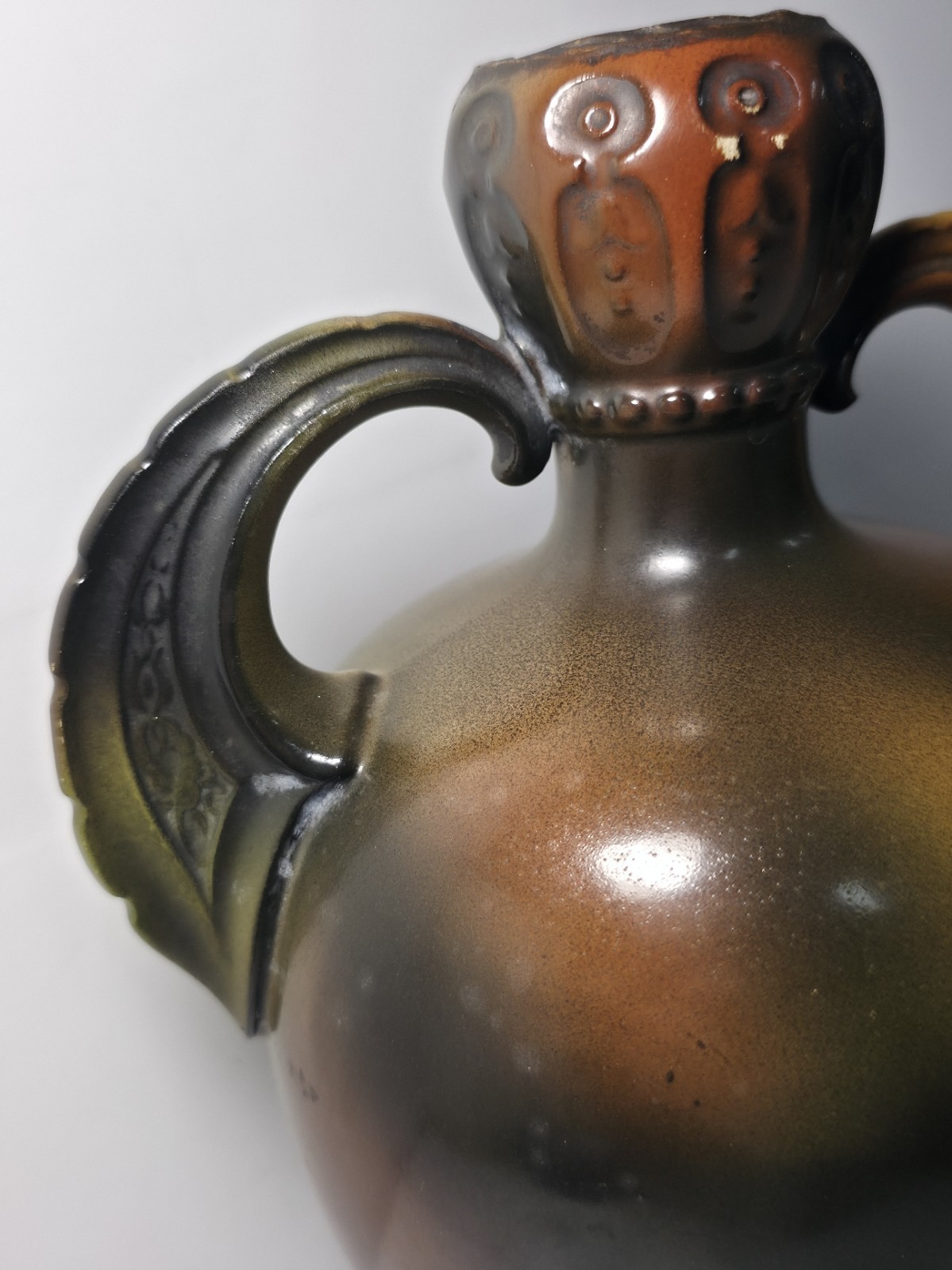 Antique Decorated Porcelain Dual Handle Pitcher Signed w/ Griffin El Unico Logo