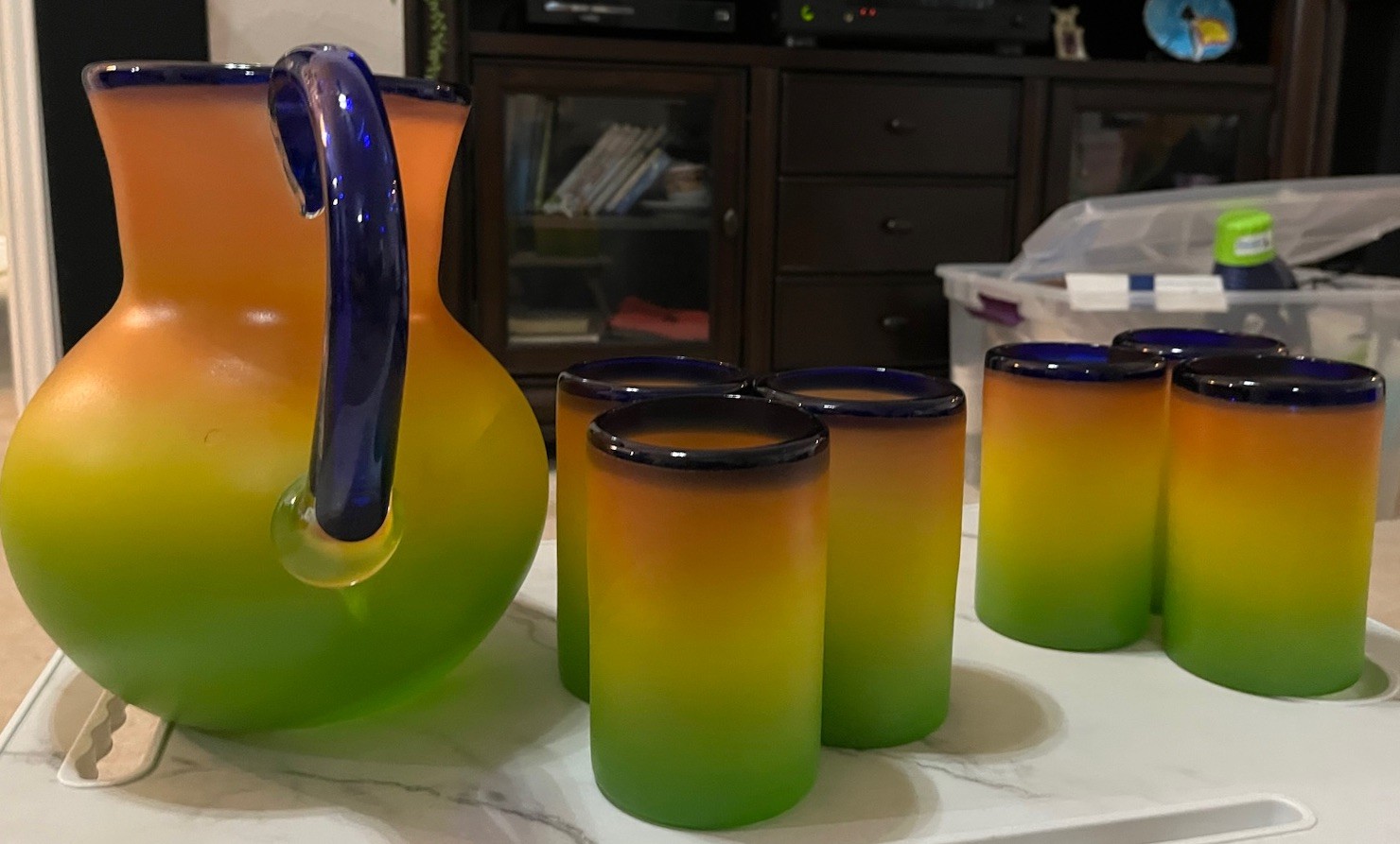 Hand Blown Orange Yellow Green Cobalt Blue trim 6 Tumblers & Pitcher