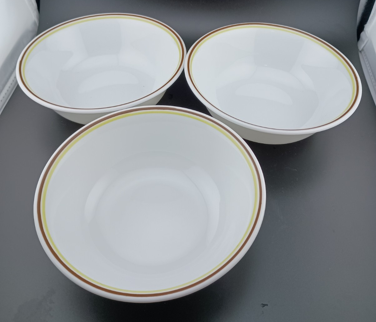 Set/3 Corning Corelle 6 1/4″ CINNAMON Pattern Round Cereal Bowls; Brown & Green