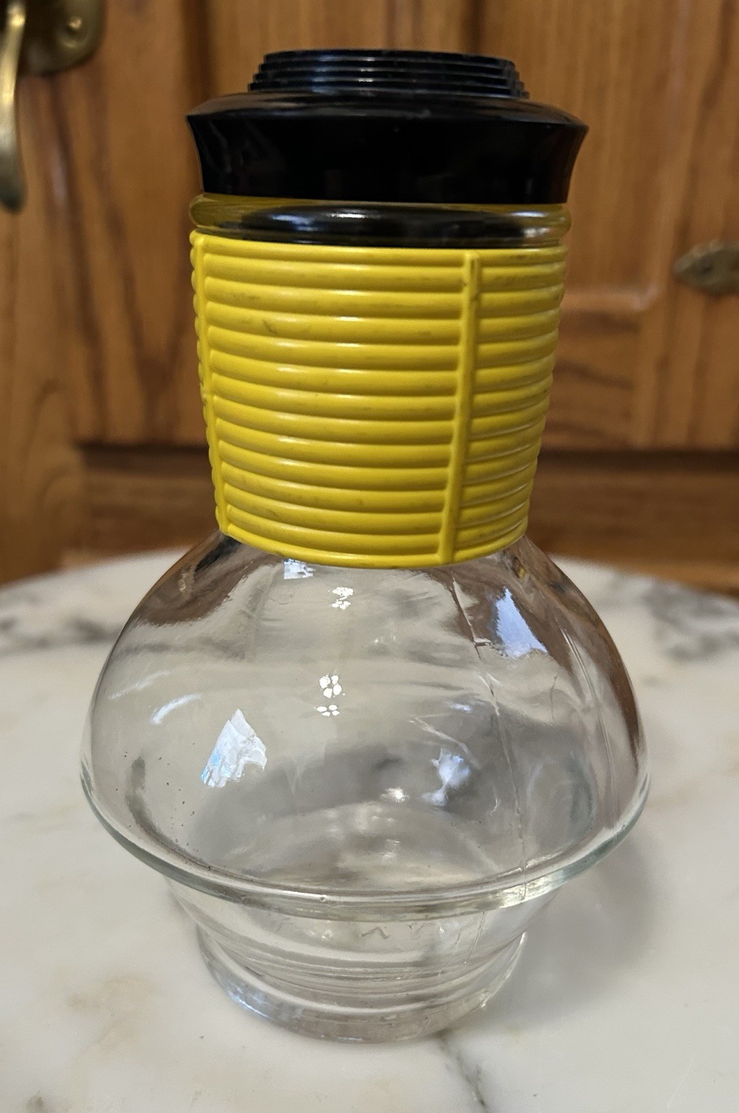 Glasbake Yellow Coffee Hottle Carafe/Decanter/Bottle c1950s USA 6.5″ With Lid