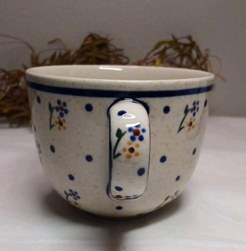 Boleslawiec Polish Pottery Mug Cup Daisy Blue Flower Pattern Beige Replacement