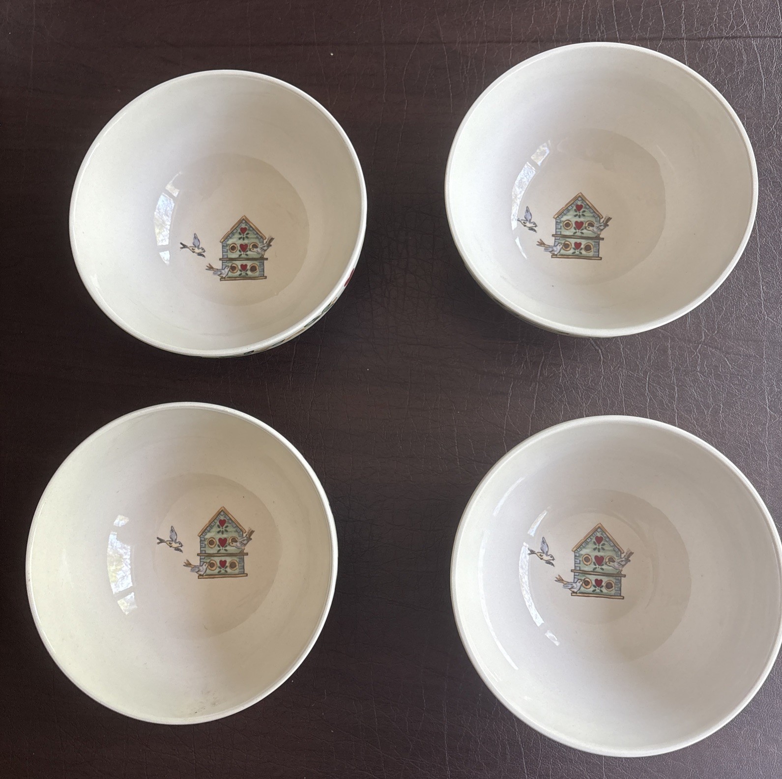 Thompson Pottery Birdhouse 6” Cereal Soup Bowls Set Of 4 vintage collectible EUC