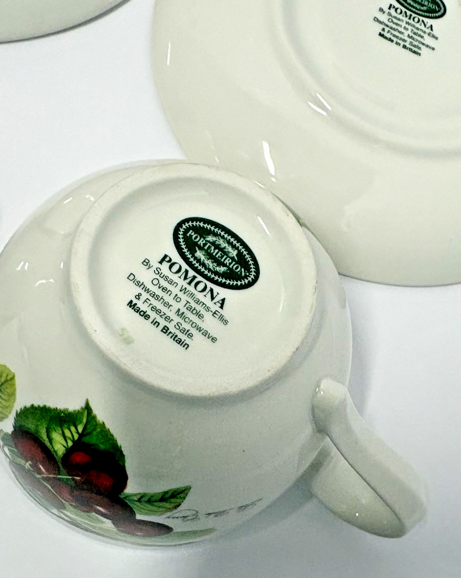Portmeirion Pomona Traditional Footed Tea Coffee Cups & Saucers Gr Britain Set 4