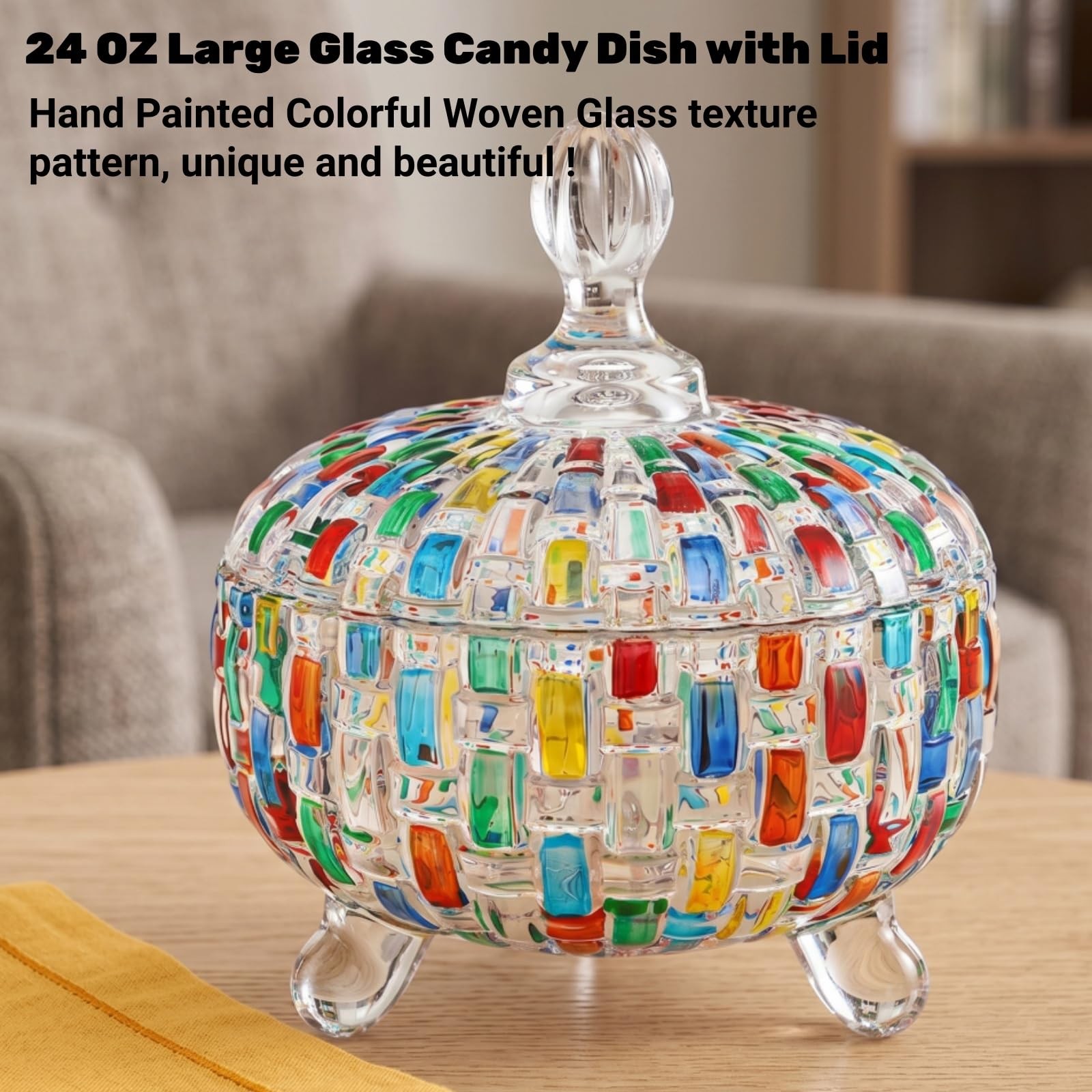 24 OZ Large Glass Candy Dish with Lid, Vintage Colorful Crystal Candy Bowl, D…
