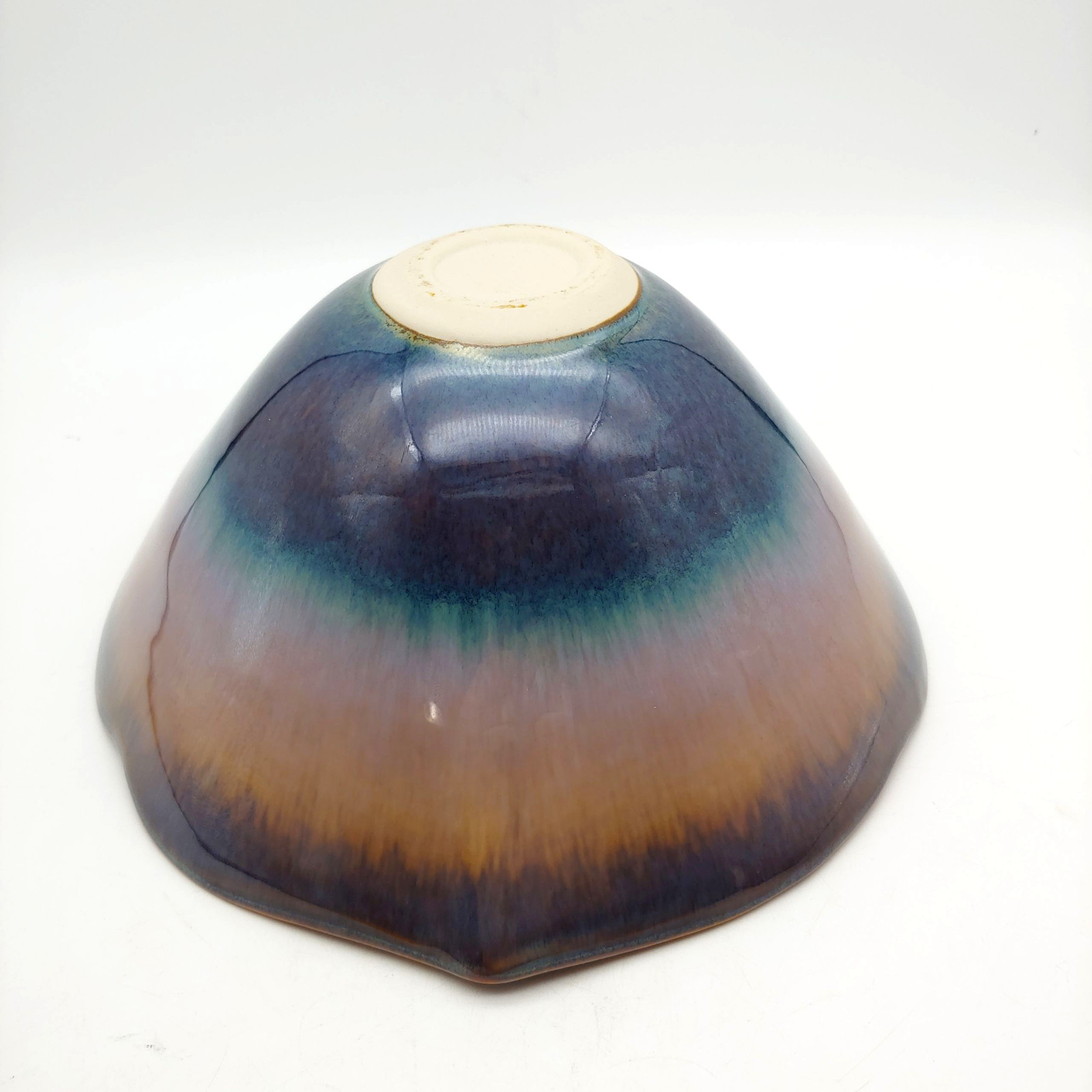 Bill Campbell Studio Pottery Lotus Bowl – 9″ Large Blue Brown Drip Glaze Signed