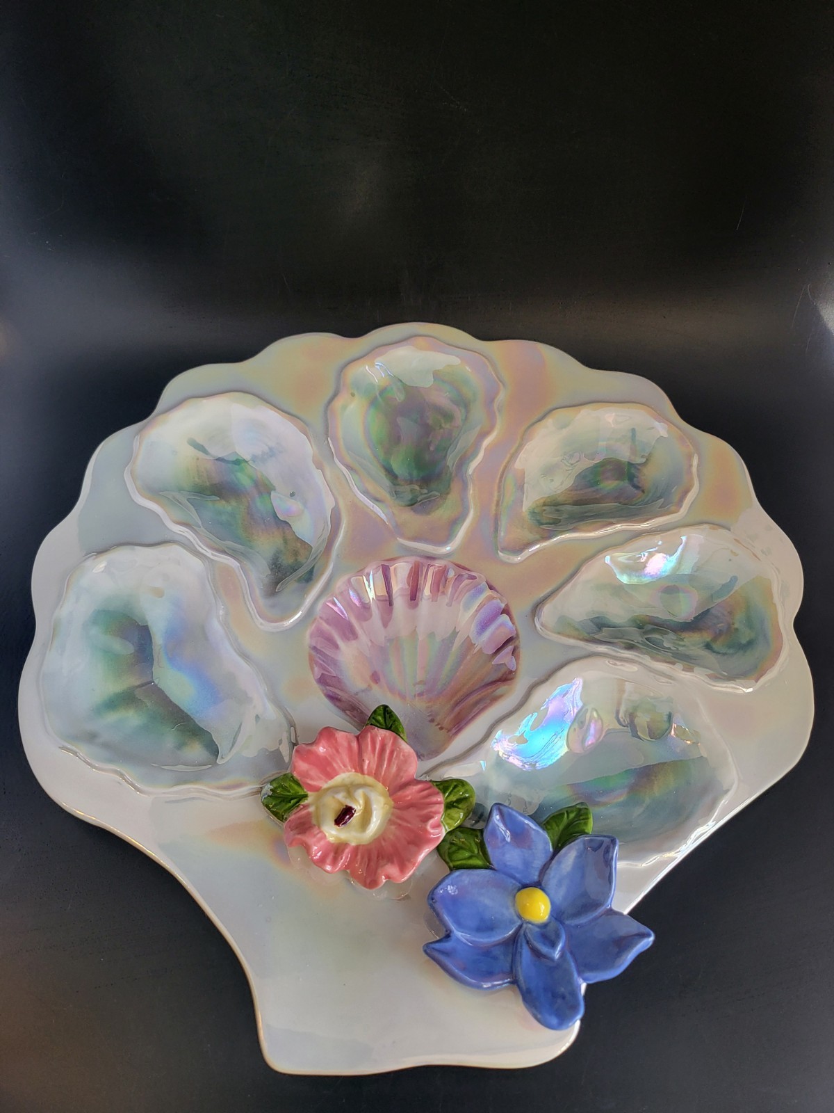Iridescent Ceramic Oyster Plate with 3D Dimensional Flowers One Plate