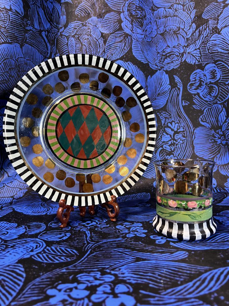 McKenzie-Childs Hand Painted 9″ Circus Carrera Glass Plate and Tumbler Set