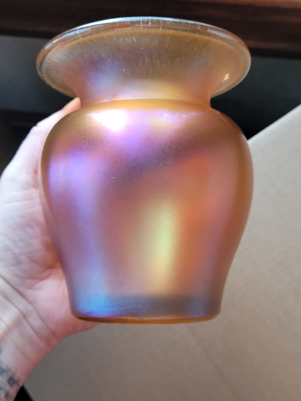 Stretch Art Glass Marigold Imperial Jewels Vase Iron Cross Signed #30 Pattern