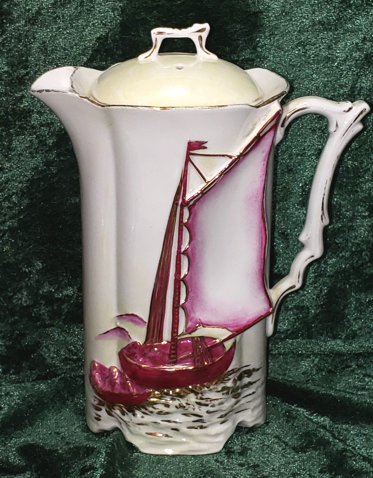 Antique Porcelain Germany Chocolate Pot Raised Sailboat 8″