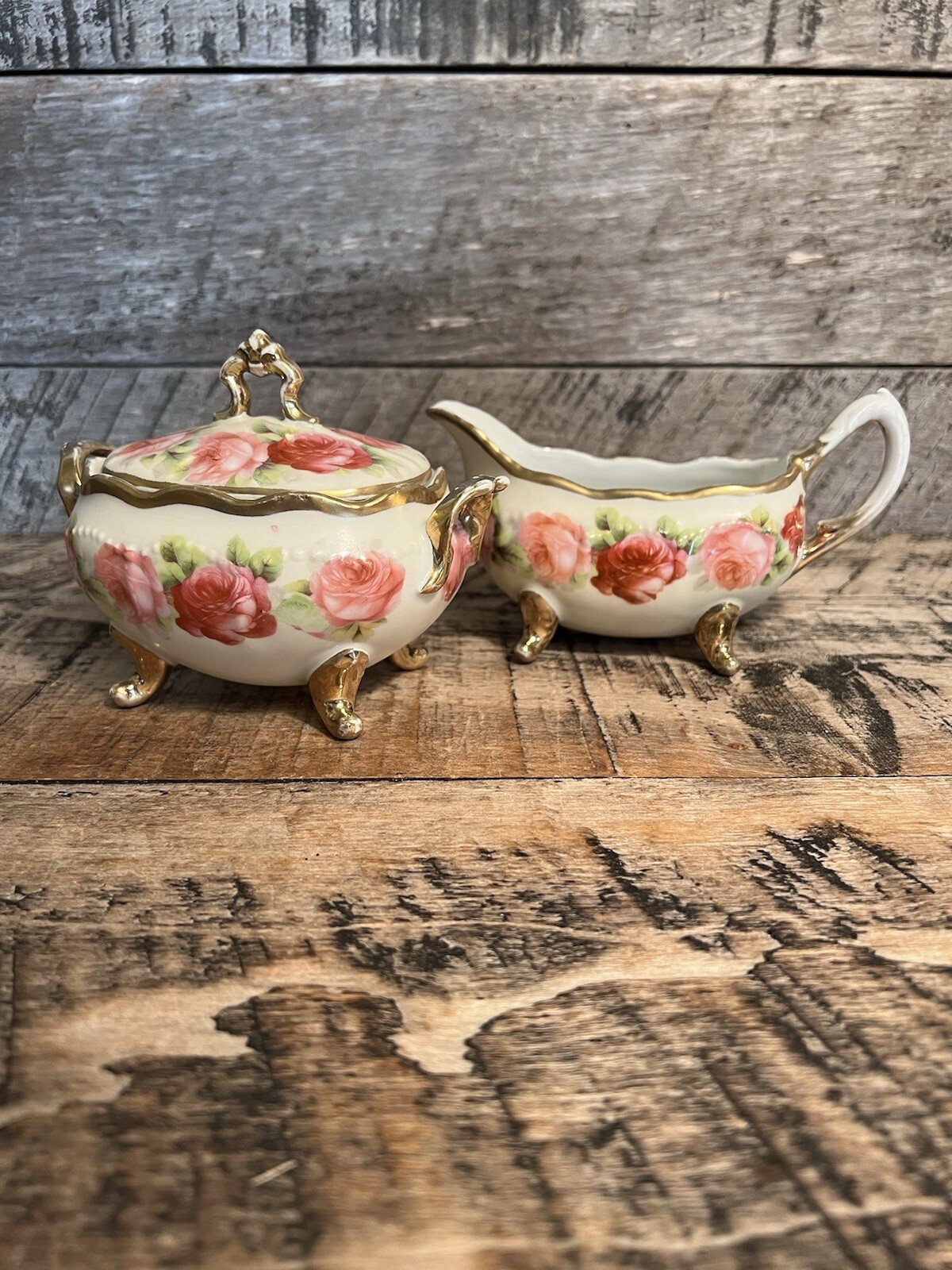 Ceramic Rose Creamer And Sugar Bowl Set By Old Ivory Germany